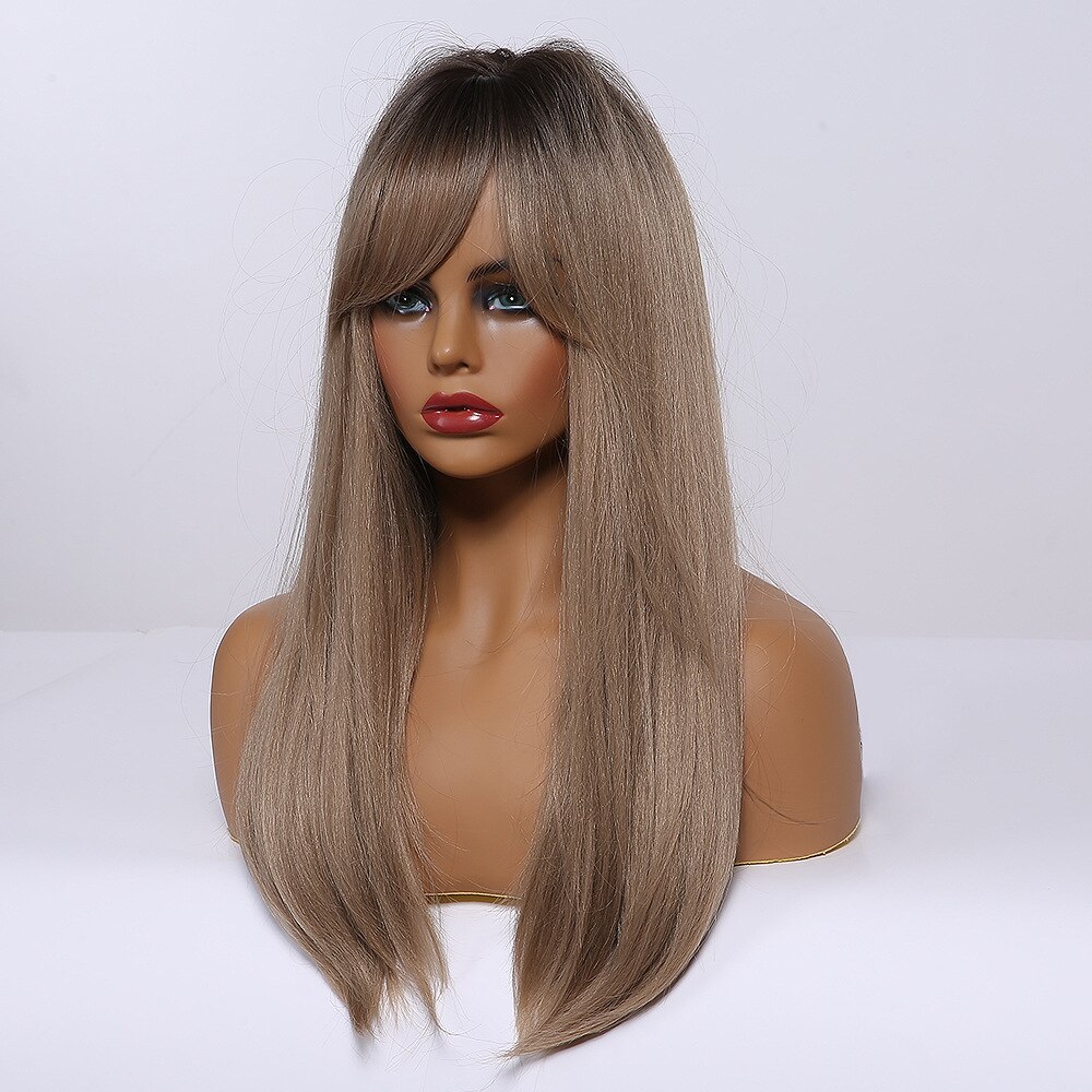 EASIHAIR Long Brown Ombre Straight Wigs with Bangs Synthetic Wigs for Women Daily Natural Hair Wigs Heat Resistant Cute Cosplay