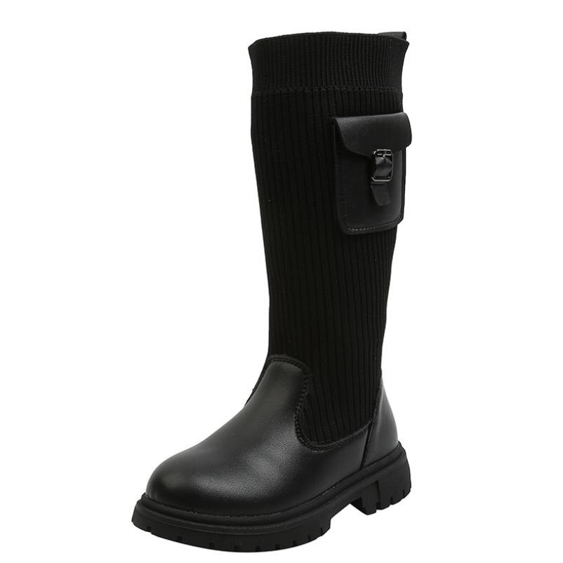 Automne enfants filles tissé bottes enfants fille décontracté longues bottes doux respirant élasticité genou haute botte noir: 30(18.3cm insole)