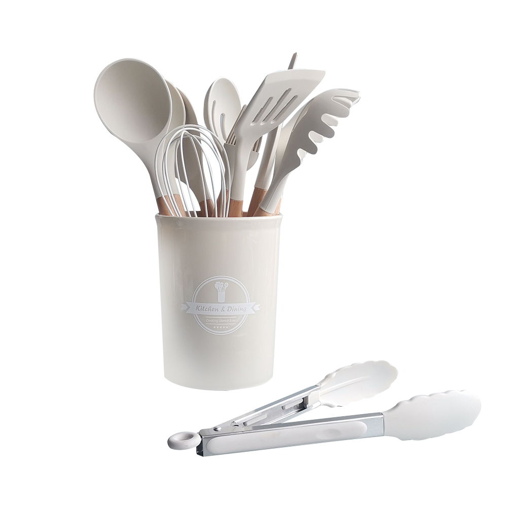 Kitchen Cooking Tool 12Pcs Food Grade Silicone Cookware Utensils Spatula Spoon with Wooden Handle,Kitchenware Gadgets Sets: WHITE