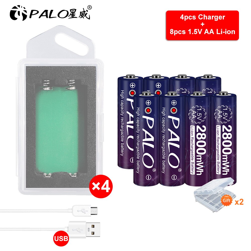 Palo 2-8 Stuks 1.5V 2800mWh Aa Li-Ion Lithium Batterij 1.5V Aa Oplaadbare Batterij Voor Camera Speelgoed + Usb Battery Charger Case: 8 AA 4 charger