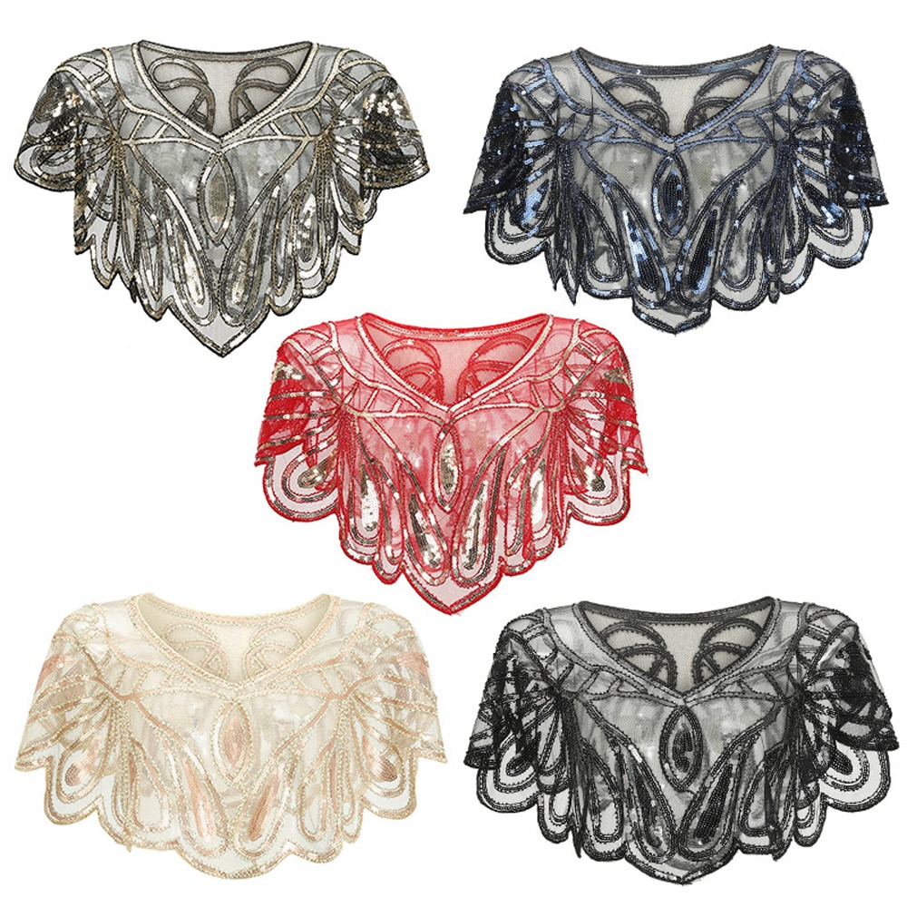Kort sjal med 1920s klaffer paljett beaded cape beaded dekorasjon gatsby party mesh kort dekkkjole vintage tilbehør