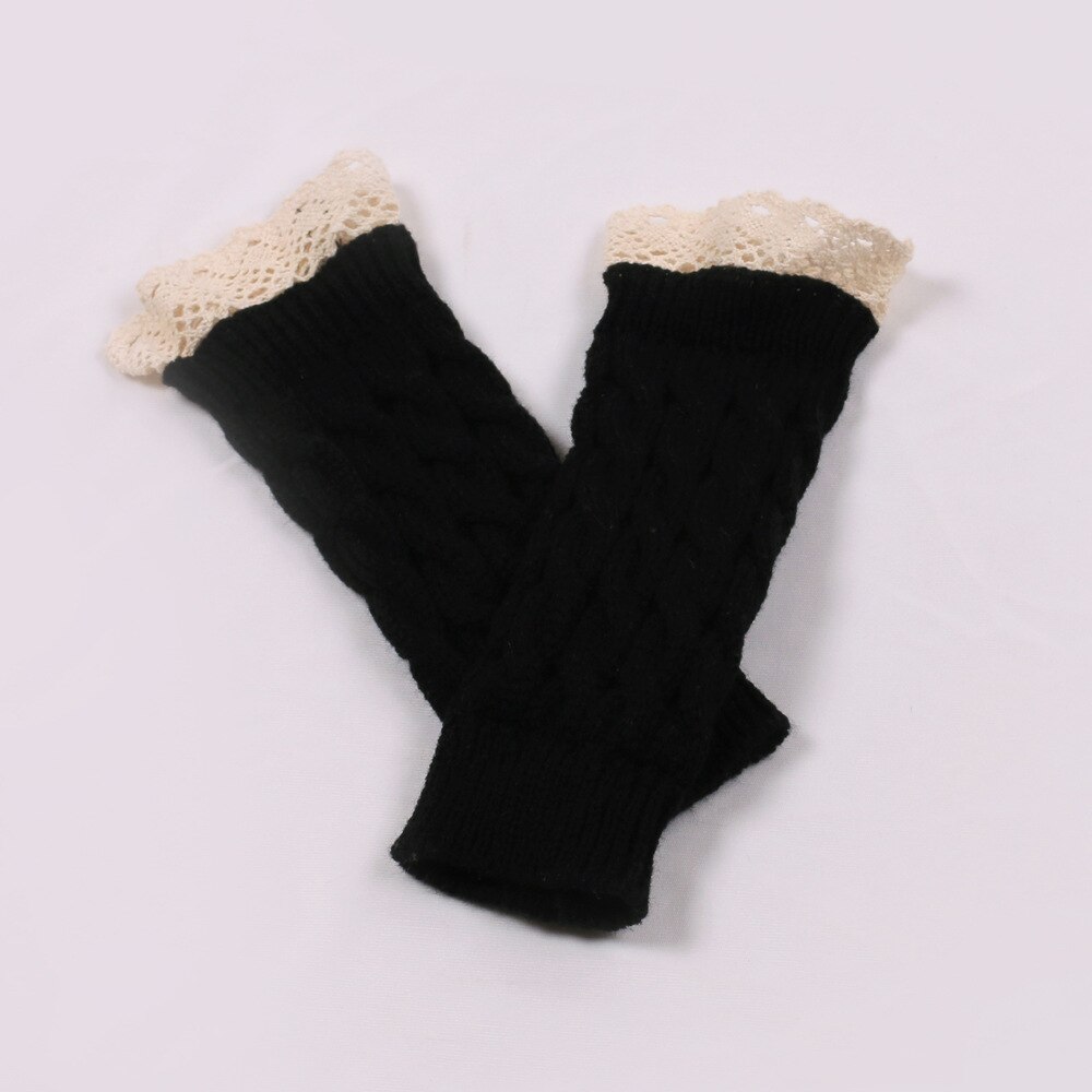 Manchons en laine pour femmes, protège-poignets allongés en dentelle, couleur unie, tricot , gants chauffe-bras, demi-doigt, hiver: black