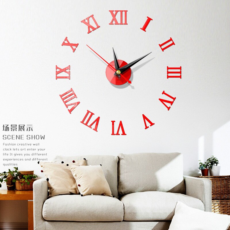 Wandklokken Horloge 3d Romeinse cijfers Diy Acryl Spiegel Klok Horloge Stickers Home Decoratie Woonkamer: red