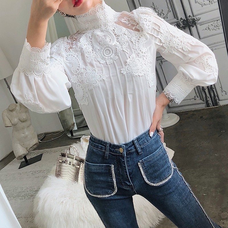 CHICEVER-Camiseta informal de verano de encaje liso para mujer, ropa ajustada de talla grande con cuello levantado y manga abombada,