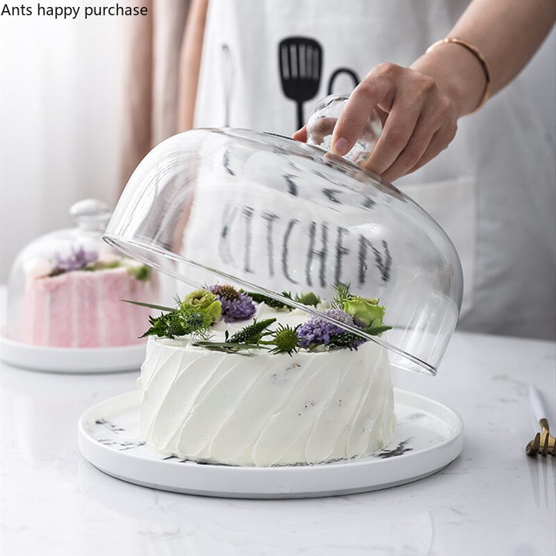 Ceramics Round Cake Pan Glass Cover Dessert Snack Tray Fruit Dessert Display Tray Photo Props Try Eating Cake Stand with Lid