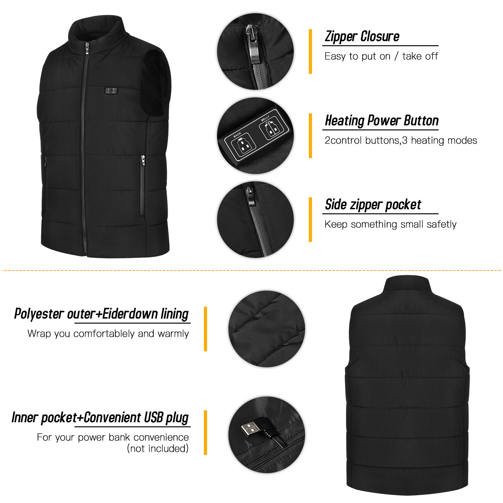 Chaleco calefactable para hombre y mujer, chaqueta eléctrica con aislamiento térmico, lavable, carga USB, ropa de acampada, invierno al aire libre