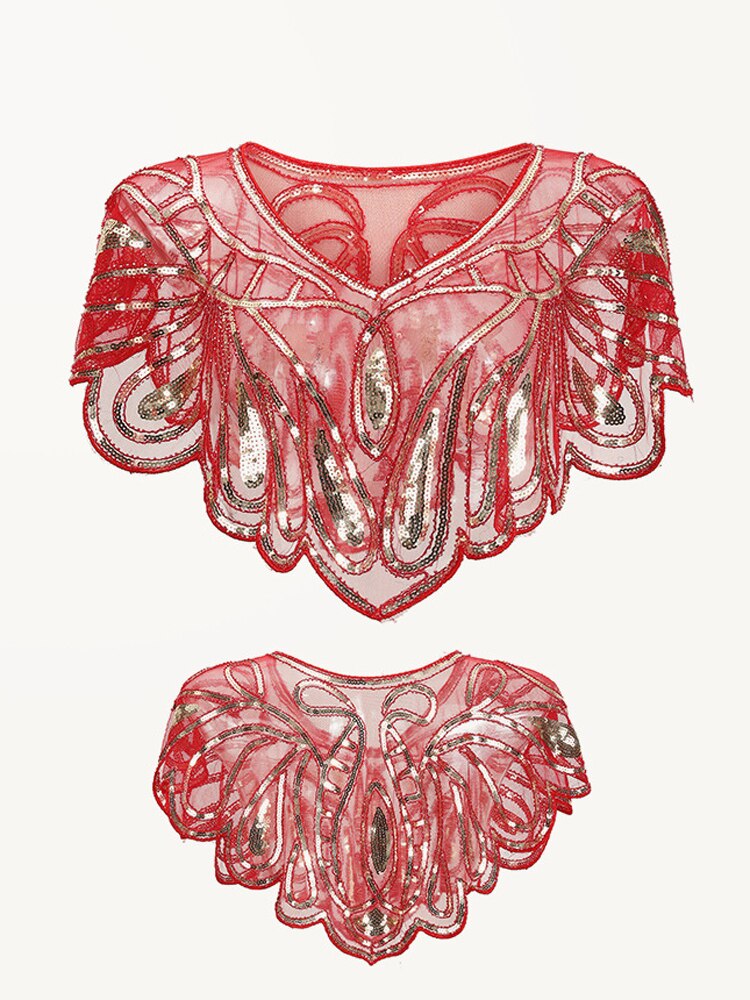 Kort sjal med 1920s klaffer paljett beaded cape beaded dekorasjon gatsby party mesh kort dekkkjole vintage tilbehør: Rød
