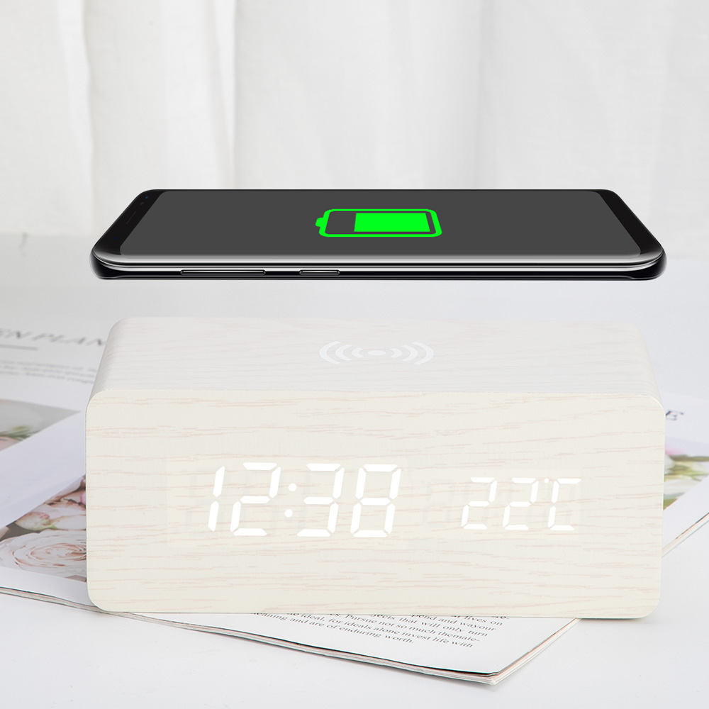Wooden Alarm Clock With Qi Wireless Charging Pad Compatible With For Iphone Samsung Wood Led Digital Clock Sound Control Funct: White Wood white