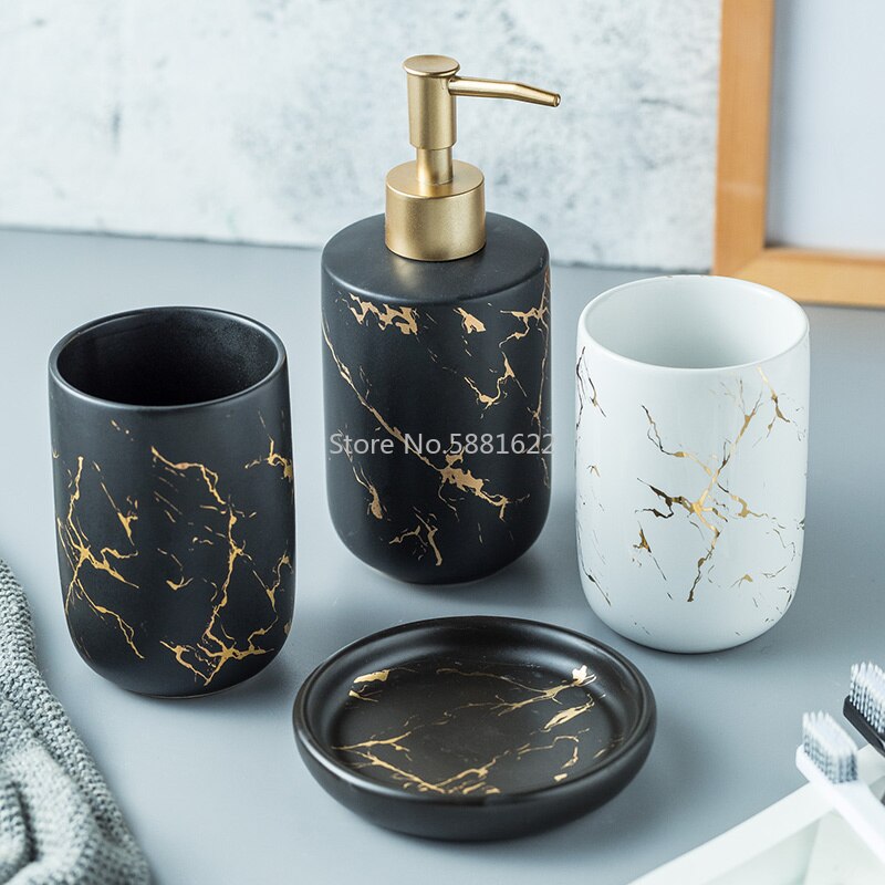 Luxe Keramische Badkamer Accessoire Set Marmeren Zeepdispenser Pomp Fles Thuis Paar Mondwater Cup Zeepbakje Wassen Gereedschap