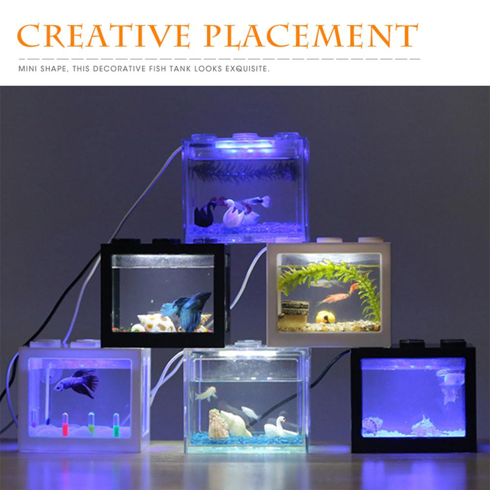 MeterMall Fisch Tank 7 Farben Mini Aquarium Fischglas mit Licht für Home Office Tee Tisch Dekoration Fütterung Box Fisch Schüssel