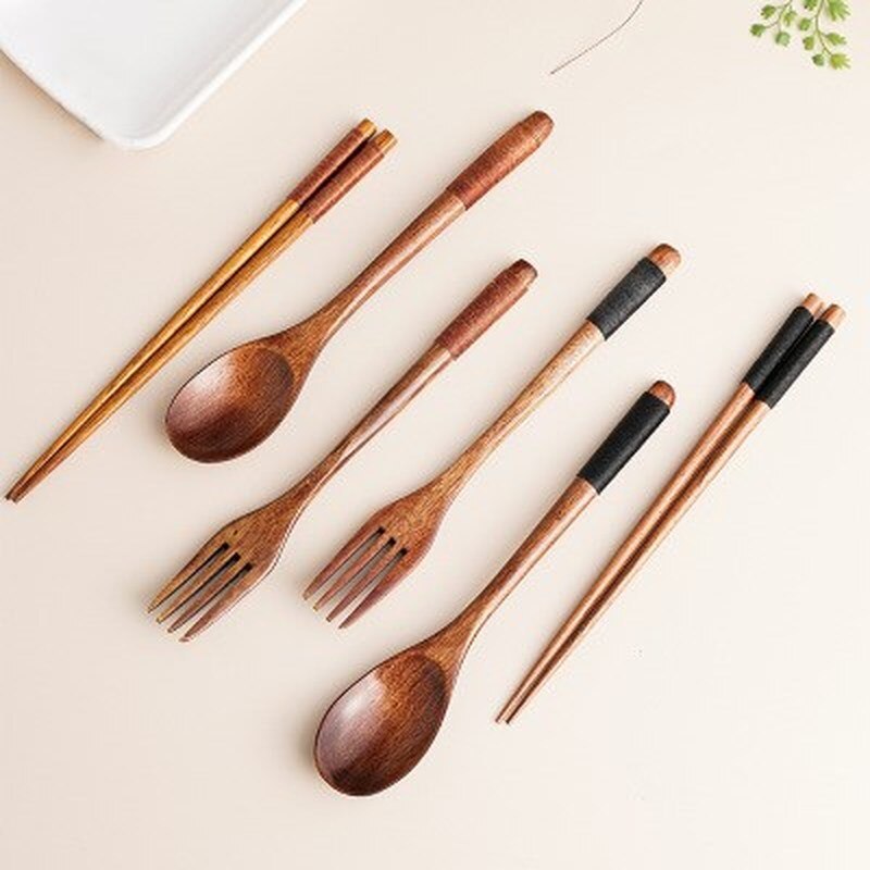 Portable Tableware Vintage Japanese Wood Chopsticks Spoon Fork Travel Dinnerware Suit Environmental Travel Wooden Cutlery Set