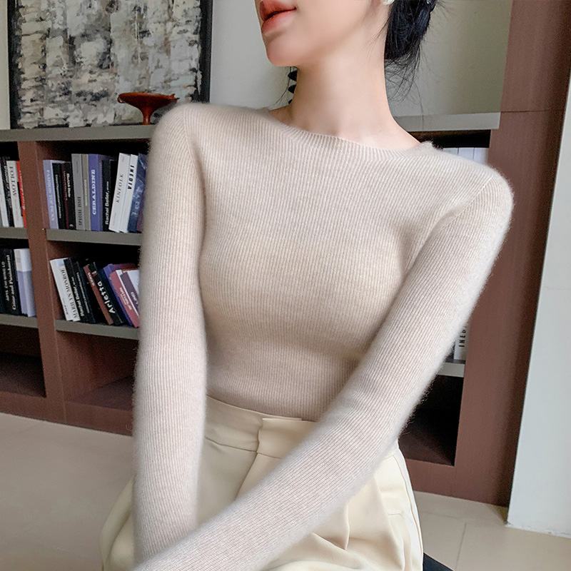 Suéter de malha com nervuras de manga comprida feminina, gola redonda, pulôver fino, tops de luxo, roupa coreana, moda