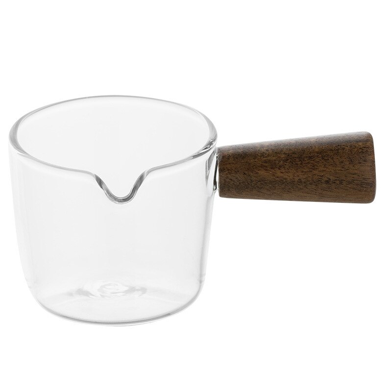 Taza de leche pequeña de vidrio, minijarra de leche con mango de madera, jarra de leche, taza de leche de miel, condimentos, plato pequeño, cubo occidental para restaurante y carne