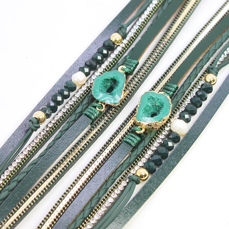 D & D pulseras de cuero de cristal para mujer estilo Retro Boho tejido ancho multicapa Charm Bracelet & Bangles joyería femenina