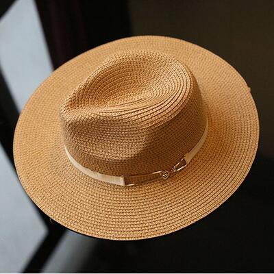 Sommer sol hat damer bred rand metal bælte halm hatte panama cap kvinder ensfarvet hat: Khaki