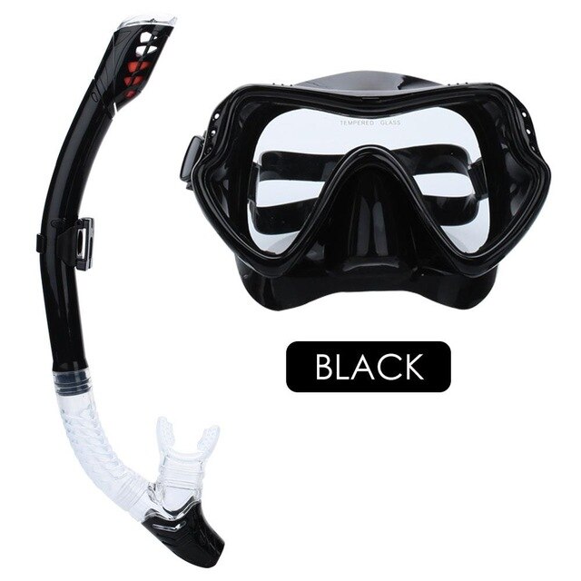 Professional Diving Mask & Snorkel Set - Anti-Fog Goggles - Easy Breath Tube - Swimming Gear: Black