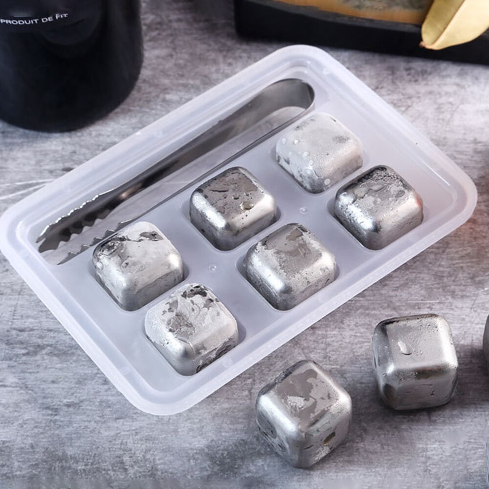 Whisky Stones Ice Cubes Set Reusable Food Grade Reusable Stainless Steel Ice Cube Wine Cooling Cube Chilling Rock Party Bar Tool: 6pcs with Clip