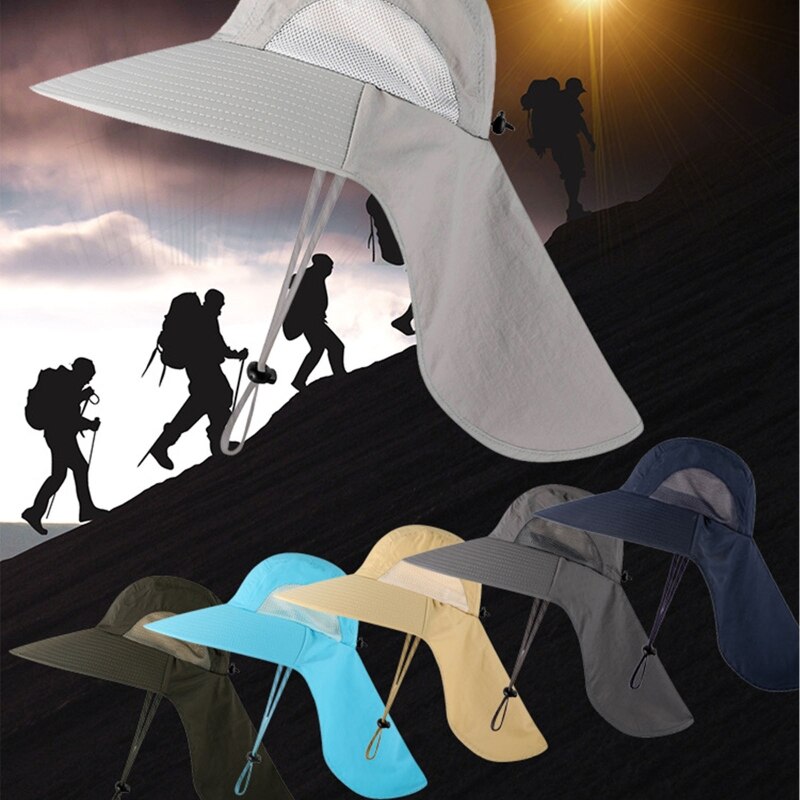 Sombrero de ala ancha con protección solar para hombre, gorro con cuerda para el cuello, protección UV, ala ancha, agujero de malla, redondo, para pesca y senderismo