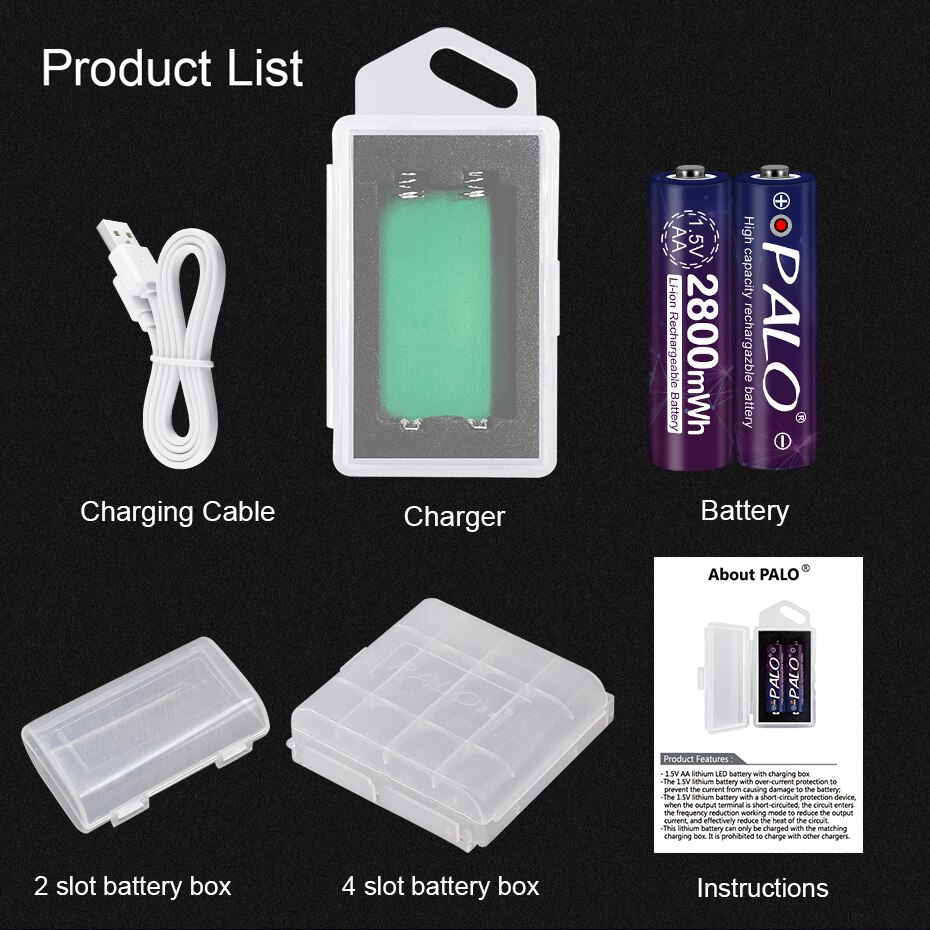 PALO AA Battery 2800mWh Rechargeable Battery Lithium 1.5 V AA Battery for Clocks, Mice, Computers, Toys