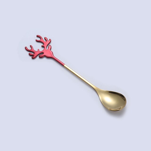 Herten Vorm Rvs Roeren Lepel Romantische Kerst Elanden Koffie Dessertlepel Bestek Prachtige Theelepel Servies: Red gold