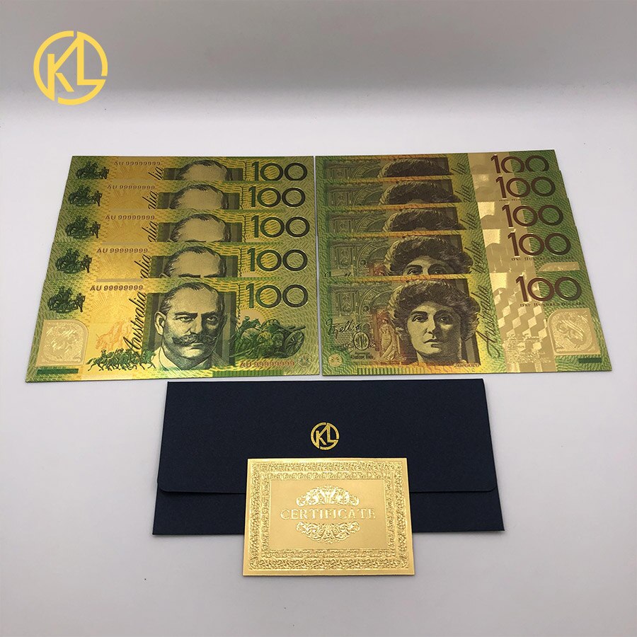 5 pc/lote austrália notas da folha de ouro colorido aud 100 50 20 10 5 dólares cartões de plástico de cédula da folha de ouro bilhetes: 100 AUD