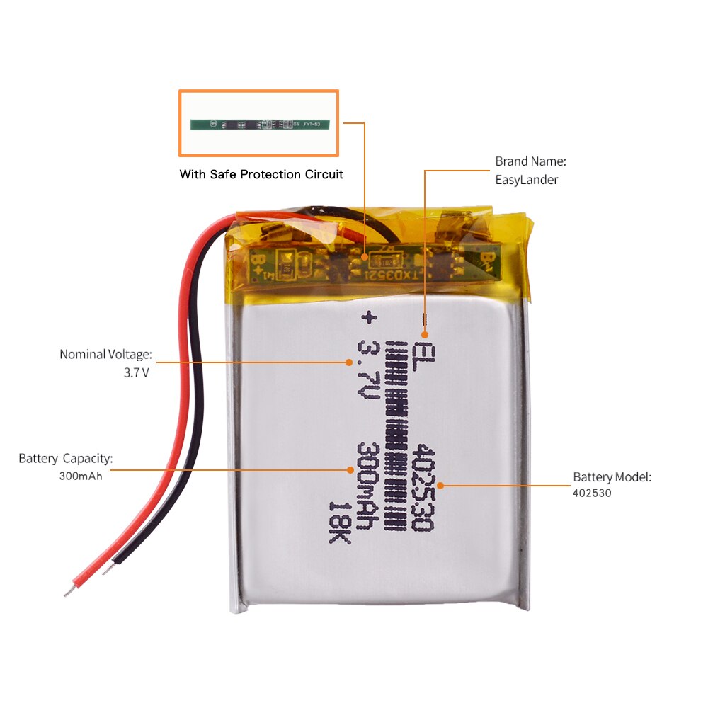 Batterie Lithium-ion Rechargeable pour lecteur mp3, 3.7V, 300mAh, 402530 Lithium polymère, écouteurs pour enregistrement