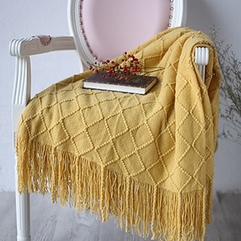 Solid Gebreide Gooi Deken Grijs Geel Zwart Roze Sofa Gooi Deken Kwasten Airconditioning Deken Reizen Acryl 130x230cm: Yellow