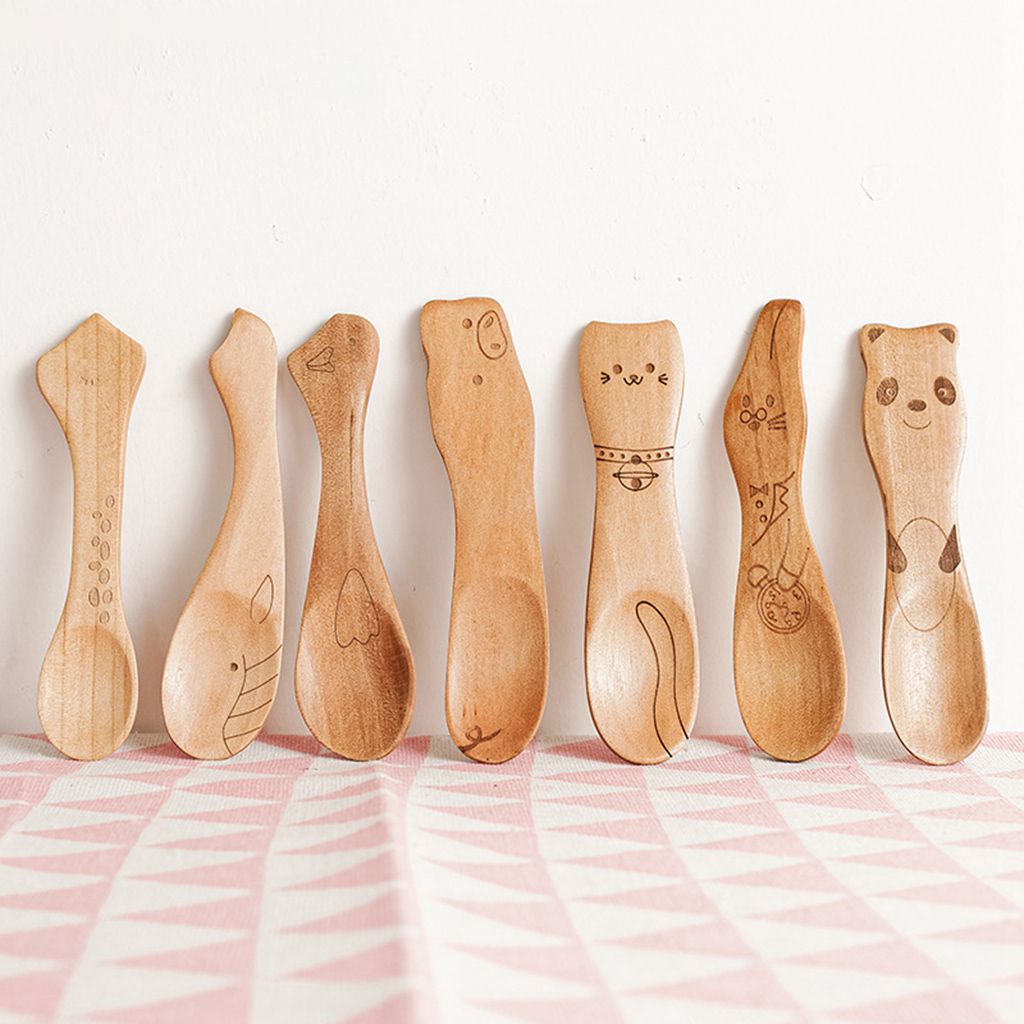 1PC Cute Cartoon Children Wooden Spoon Coffee Tea Soup Stirring Spoons Dessert Honey Cutlery Japanese Style Kitchen Tools