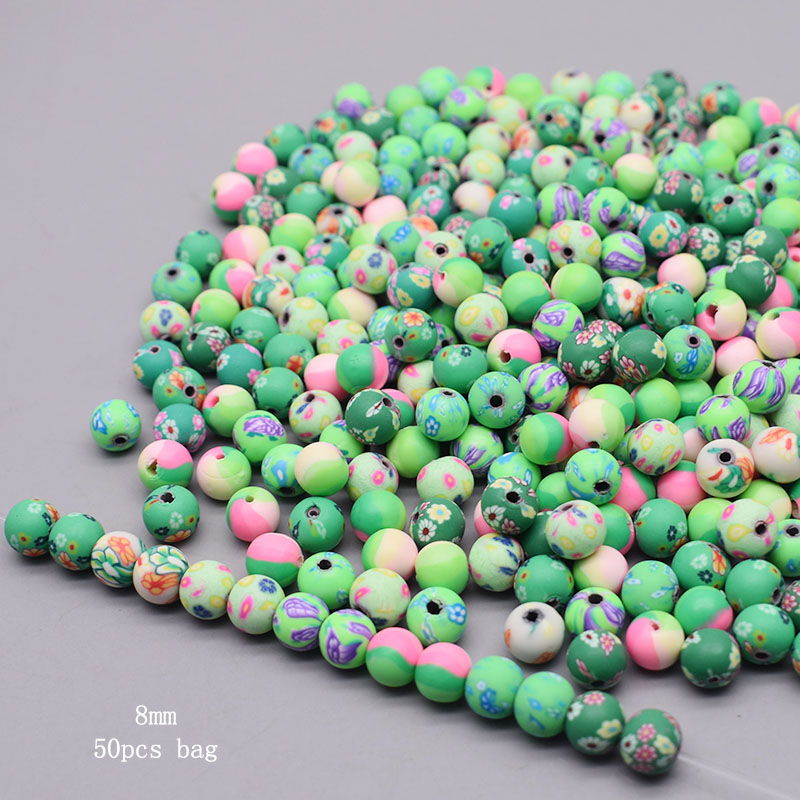 Cuentas de arcilla polimérica de 6/8/10mm, cuentas con estampado de flores, cuentas redondas sueltas para hacer joyería, pulsera DIY: Nude