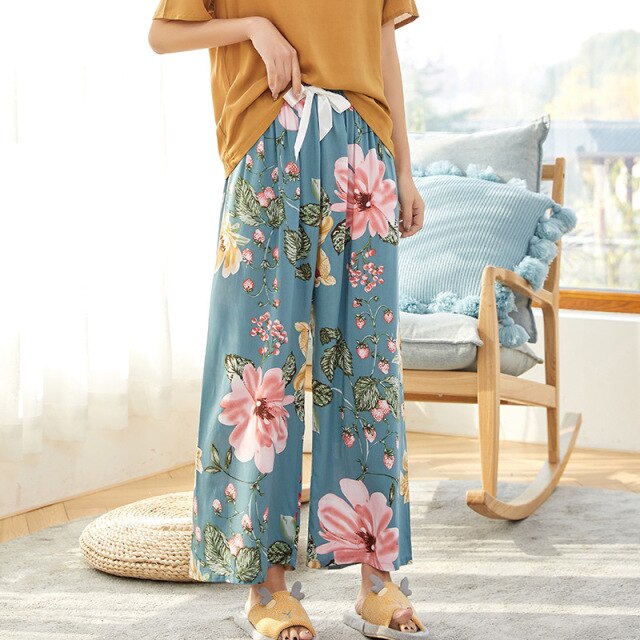 Summer Sleep Wear for Women Pajama Printing Loose Sleep Pants Calf-Length Pants Sleep Bottoms Home Wear: G7