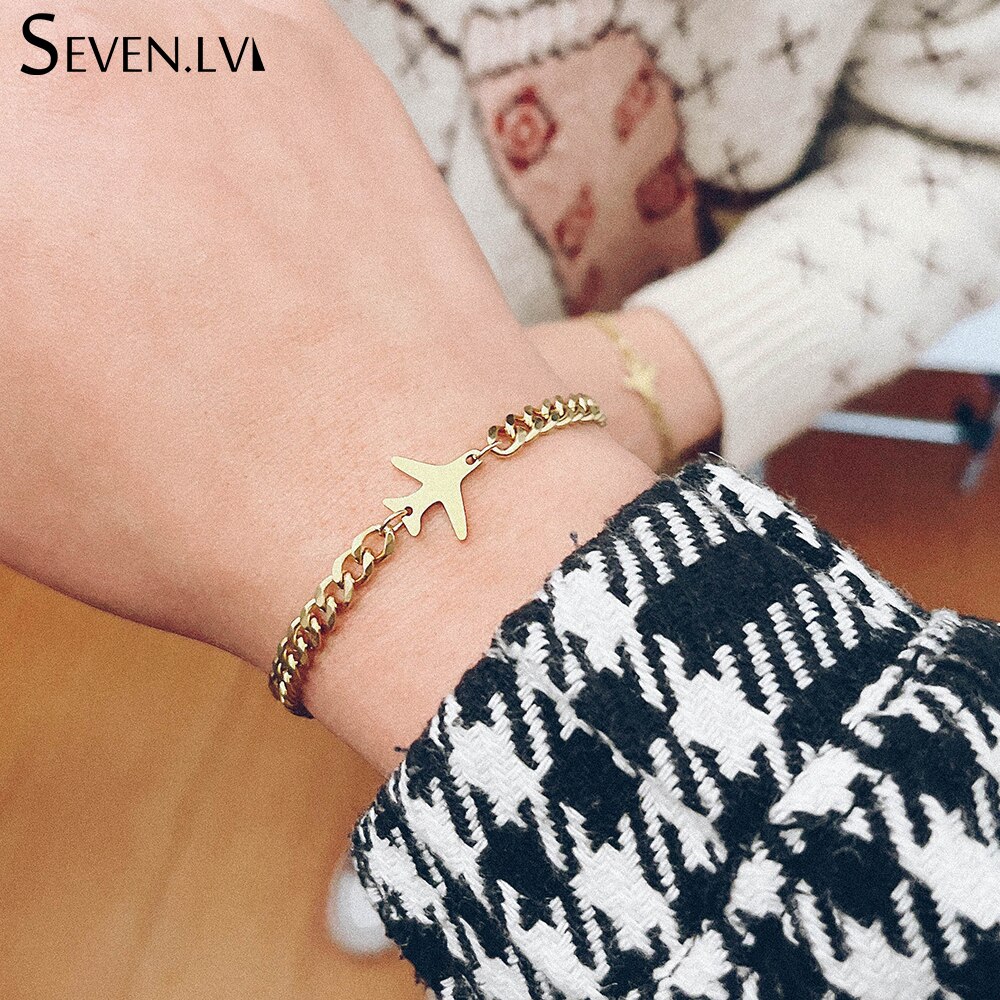 Sevenlv-abalorio de avión dorado de acero inoxidable para hombre y mujer, pulsera Vintage con doble agujero, colgante de avión, de joyería