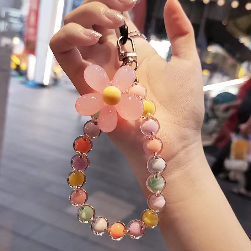 Korean Colorful Flower Beaded Mobile Phone Charm Strap Chain Lanyard Women Girl Jewelry Phone Holder Beads Pendant: WHITE