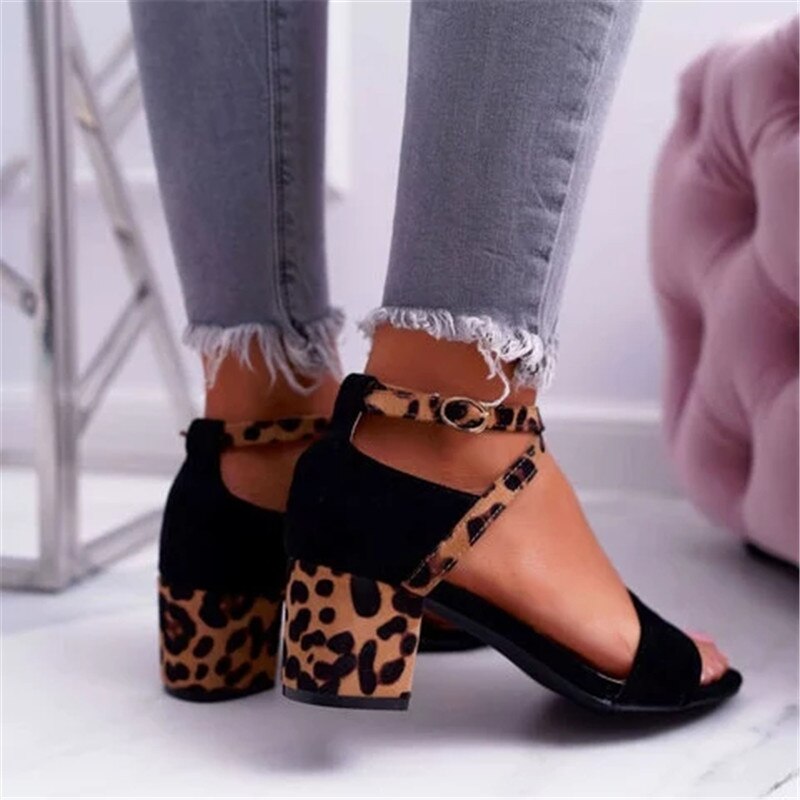 Summer Women Sandals Peep-toe Buckle Strap Sandals Party Leopard Print Yellow Square High Heels 5CM Sandals