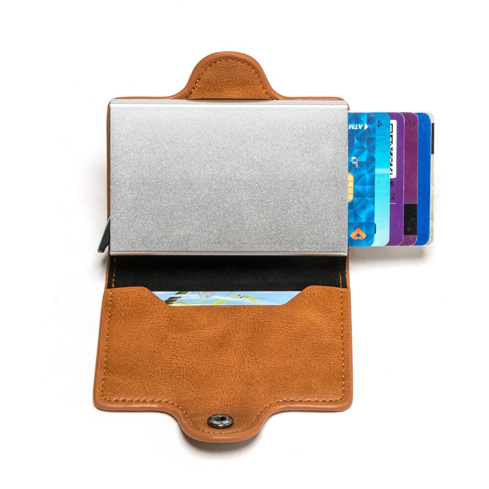 Rfid Blocking Bescherming Leather Wallet Id Credit Card Houder Met 2 Metalen Aluminium Business Bank Card Case Voor 14 Kaarten
