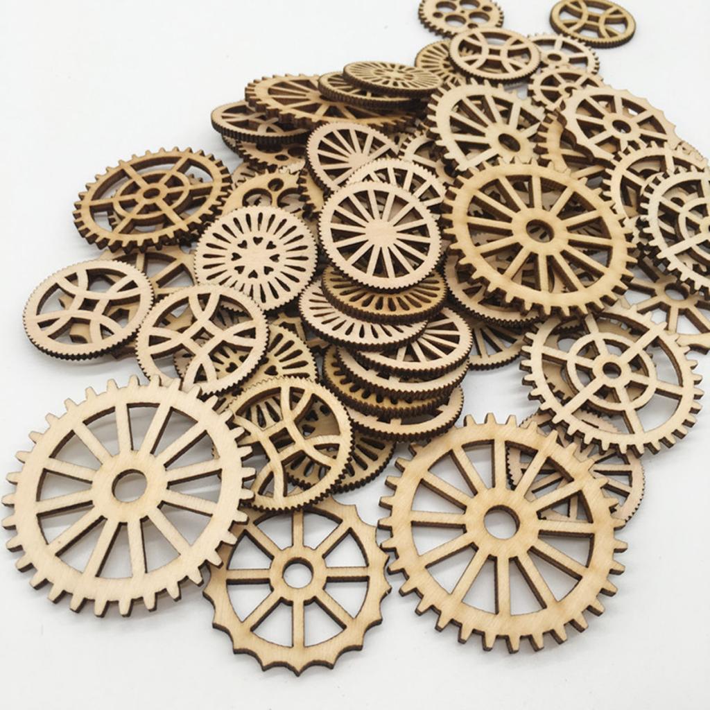 100Pcs Wooden Embellishments Crafts with Gear Shaped Hollow Decoration Crafts for DIY Albums Birthdays Parties Decorations
