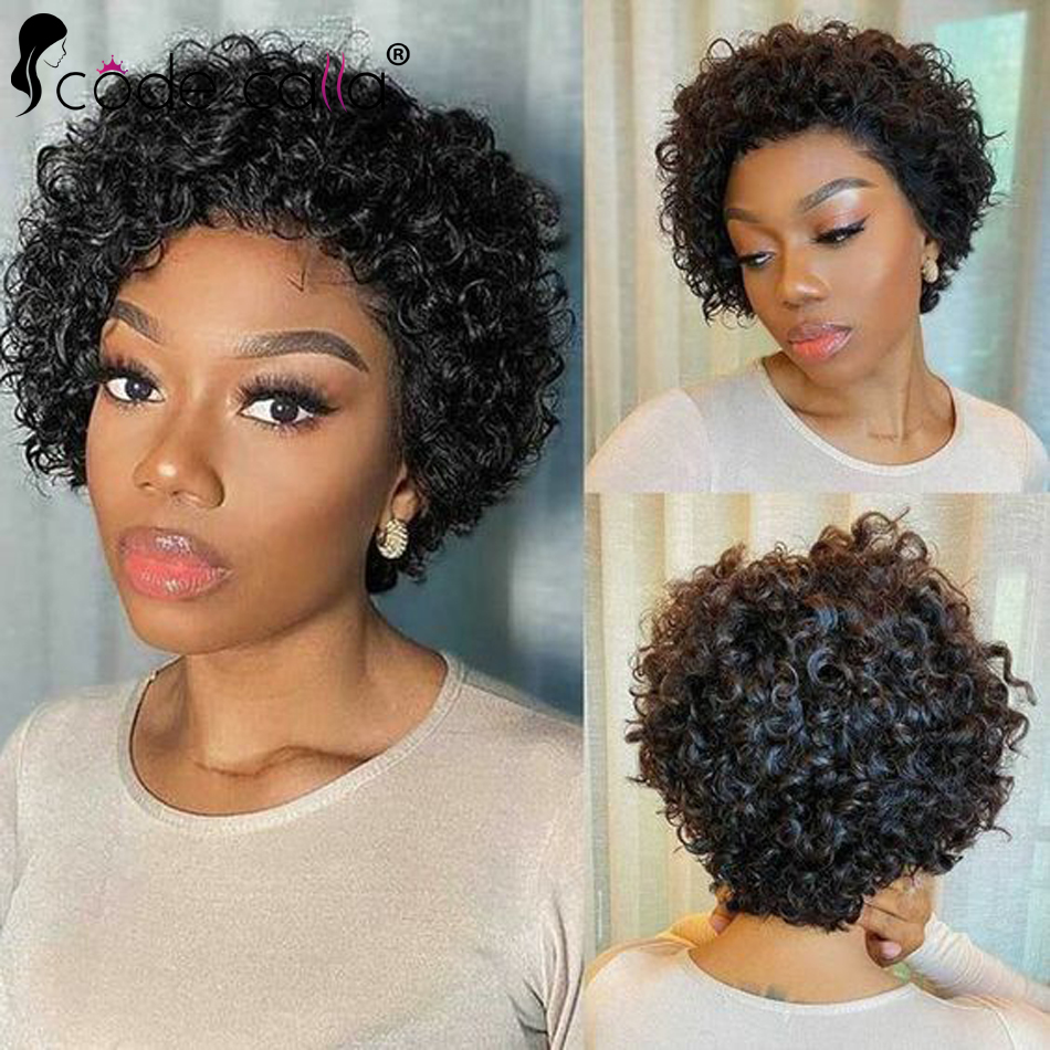 Peluca de cabello humano rizado para mujeres negras, Pelo Corto con corte Pixie, corte Bob, encaje frontal, 180 de densidad, 13x1, brasileño