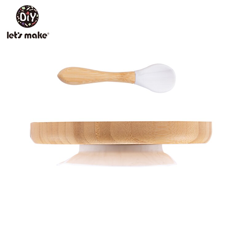 1set Baby Feeding Bamboo Bowl With Spill Proof Silicone Spoon Baby Dinner Plate Feeding Dinnerware Toddler Infant Tableware Set: white
