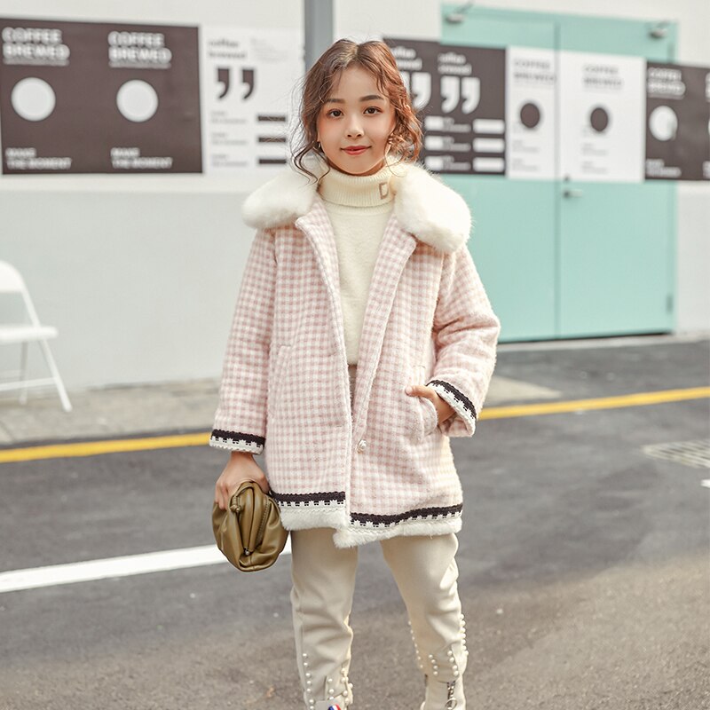 Kids Girls Woolen Jackets Winter Long Plaid Woolen Jackets Fur Collar Outerwear Teenager Girl Wool Coat Children Clothing: pink / 5T