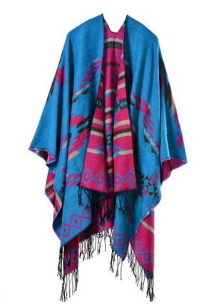 Écharpe ethnique Poncho femme | Bohème, imprimé, sculptures de couverture dame en tricot, châle gland Cape épaisse Pashmina, automne hiver: Bleu