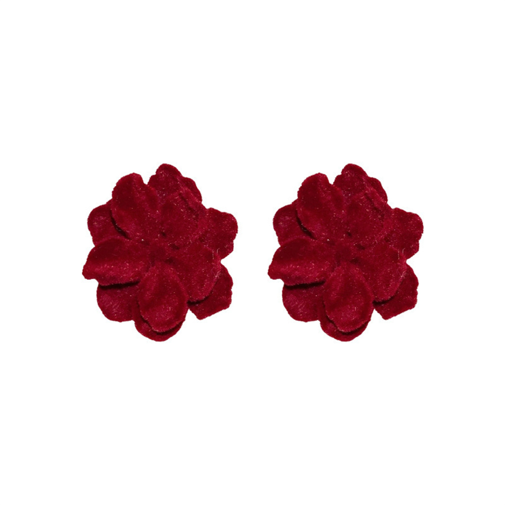 Autumn Winter Vintage Simple Cute Wine Red Velvet Rose Flower Stud Earrings for Women Jewelry Daily Accessories: Light Yellow Gold Color