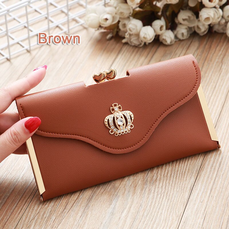 Women Crown Wallets Hasp Lady Purses Girls Moneybags Clutch Woman Handbag Wallet Cards ID Holder Long Purse Bags Billfold Clips: Brown