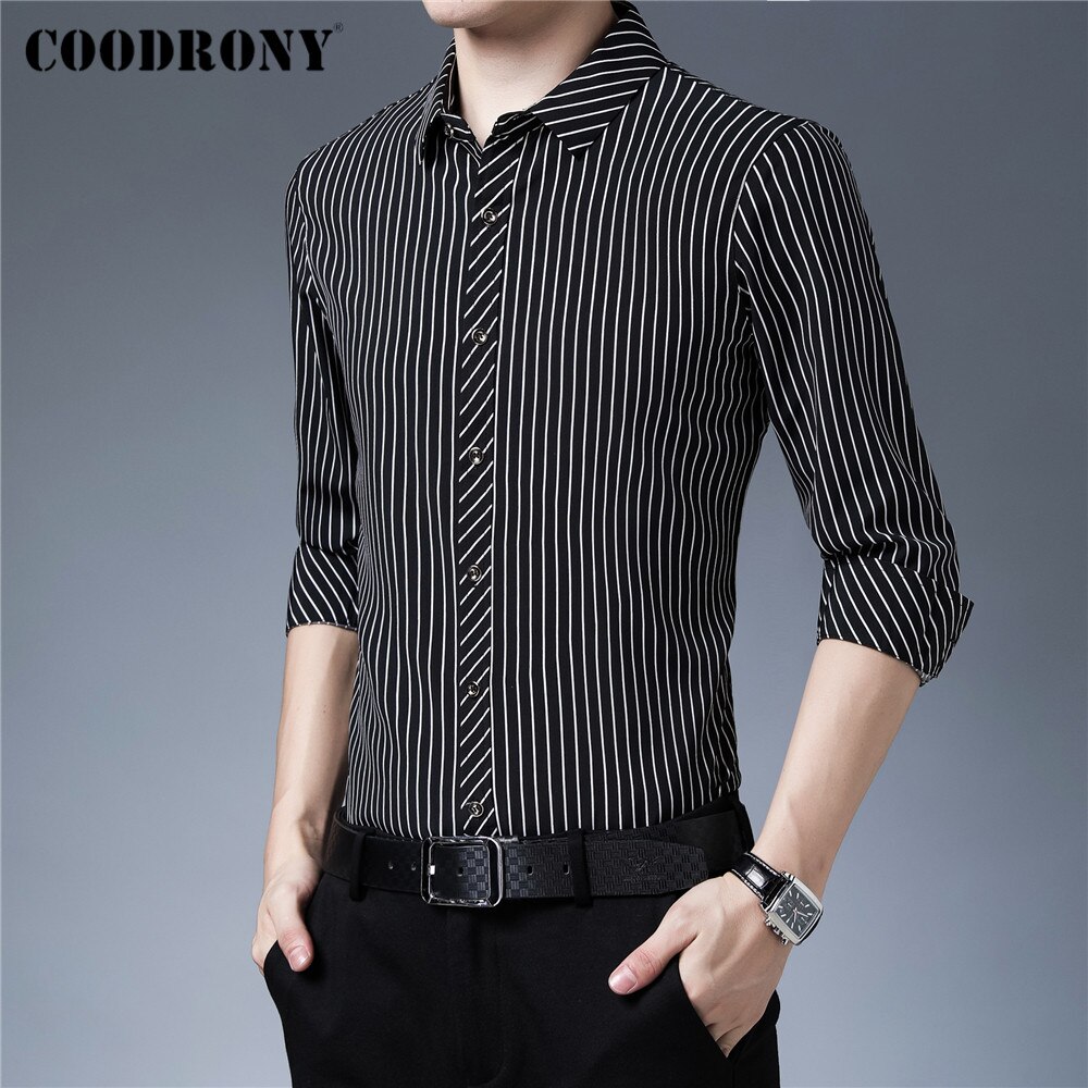 COODRONY-ropa de calle a rayas para hombre, camisa de manga larga ajustada, informal, de negocios, a la , novedad, primavera y otoño, C6216