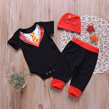 Bébé enfant en bas âge garçon tenue décontractée costume cravate barboteuse + pantalon + imprimé chapeau 3 pièces/ensemble 0-18M survêtement enfants garçons ensemble d'été