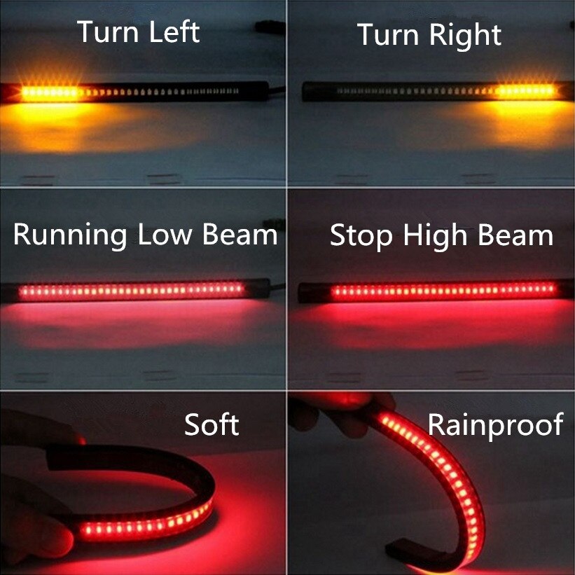 Flexible 48 LED 2835 3014 smd Dual Color Yellow Red Light motorcycle strip turn signal tail rear brake stop Waterproof Bulb lamp