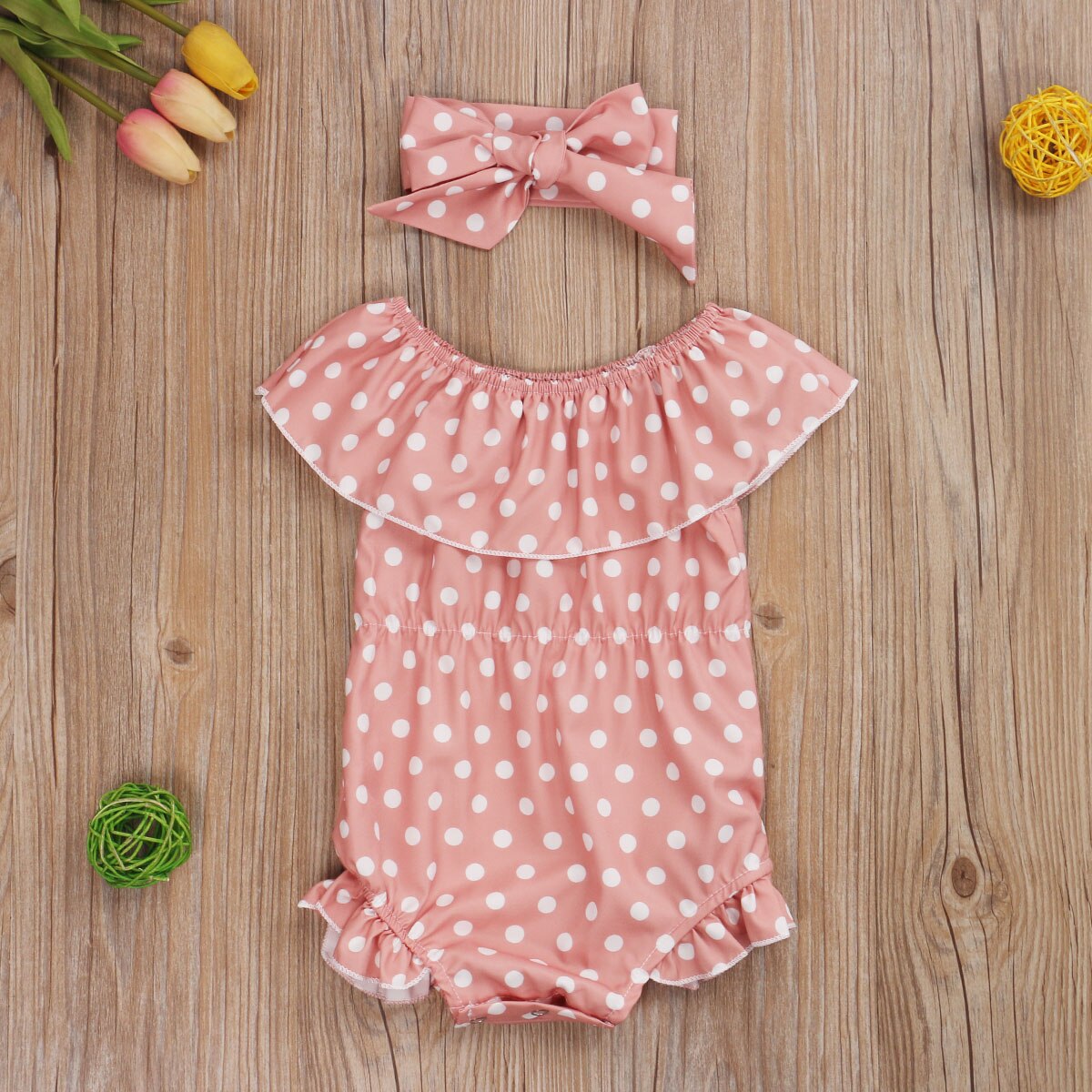 0-24m zomerse schattige babymeisjes-jongens-rompertjes met hoofdband, stippenprint, ruches, mouwen en jumpsuits