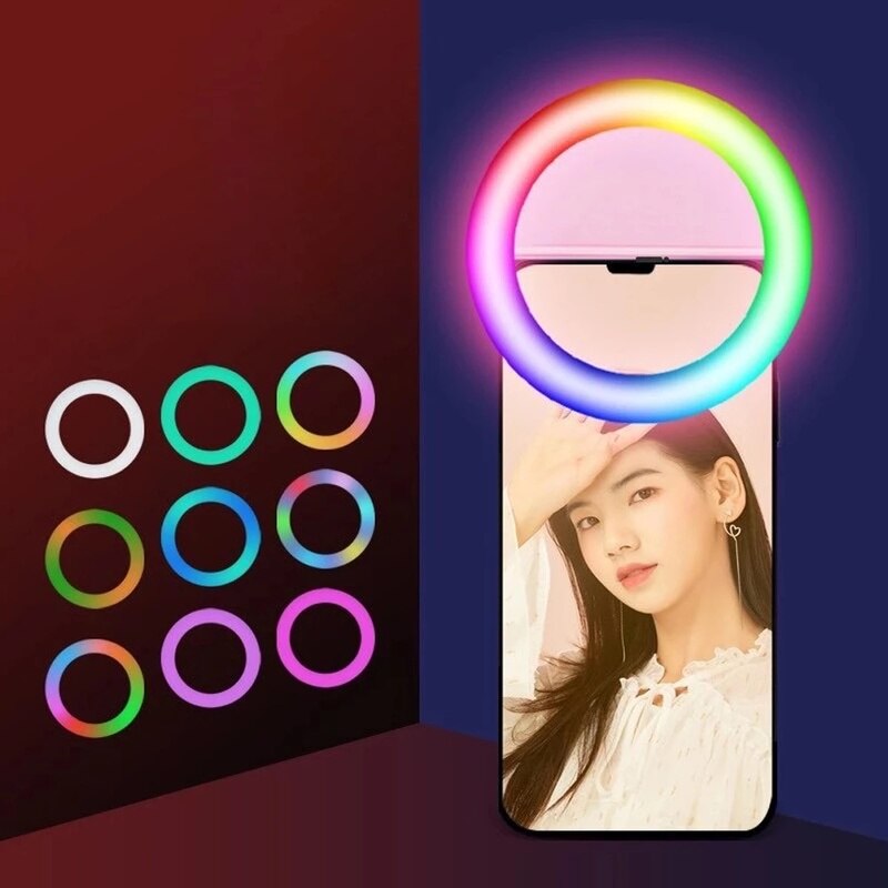 Universal LED Selfie Ring Light For Mobile Phone Portable RGB Colorful Flash Lamp Lights For Vlog Cellphone Live Fill Lighting