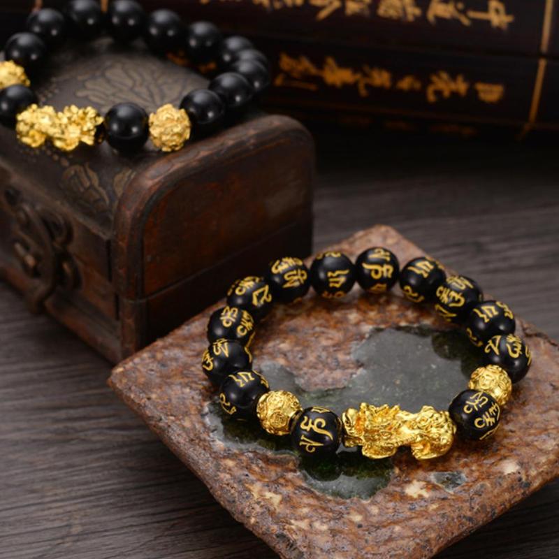 6 Words Chinese Lucky Enegry God Beast Pixiu Bracelet Jewelry Gold Color Brave Troops Stone Beads Bangles Bracelet