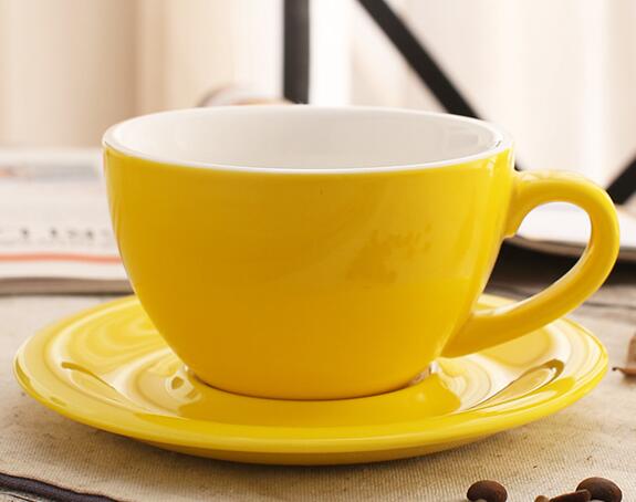 300 ml farverige tykke porcelæns-kaffekopper og underkopper, keramiske lattekopper og underkopper: Gul