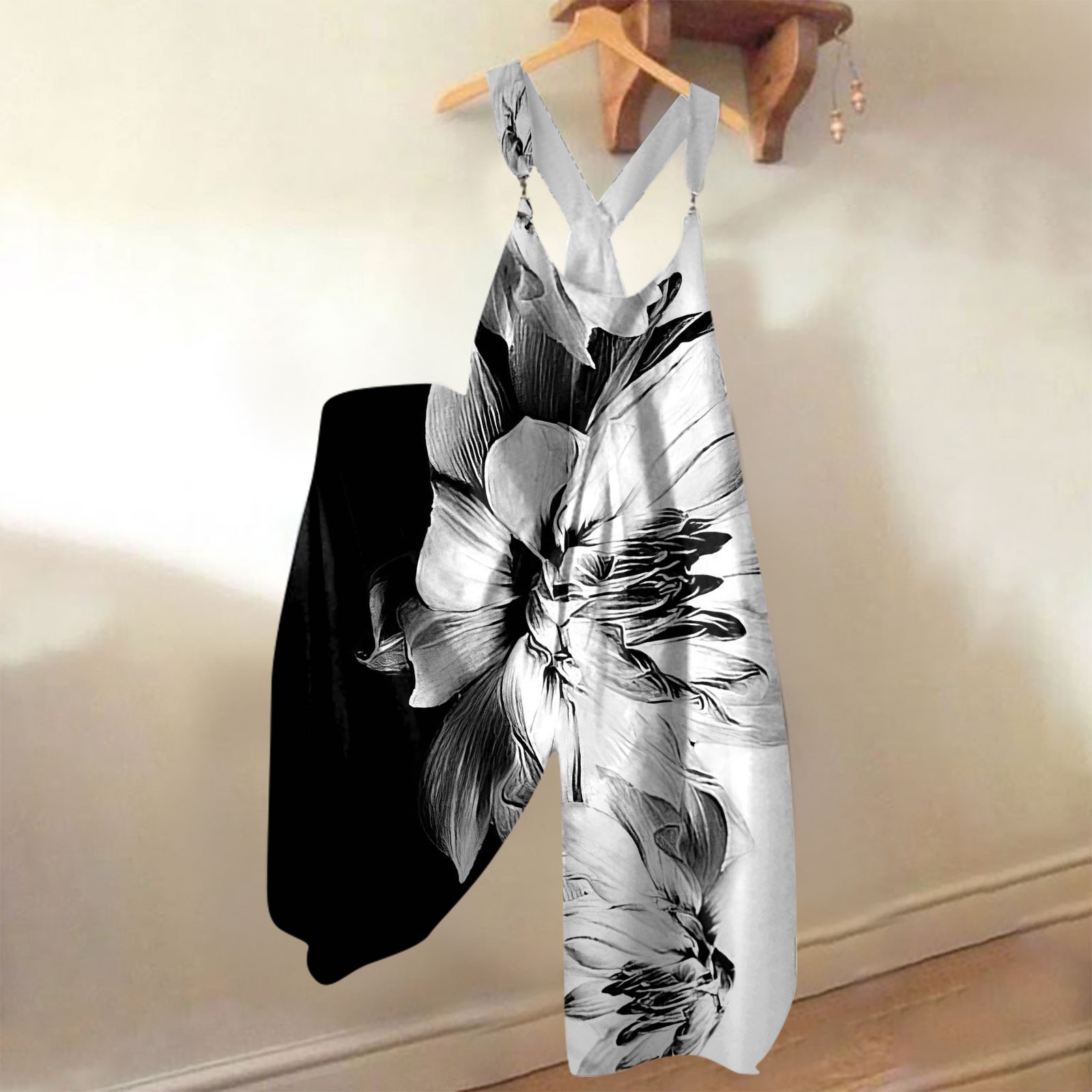 Brede overalls til kvinder, afslappet, løse ærmeløse jumpsuits med retroprint, metalknapper, lange bukser med lommer: Xxxl / Hvid