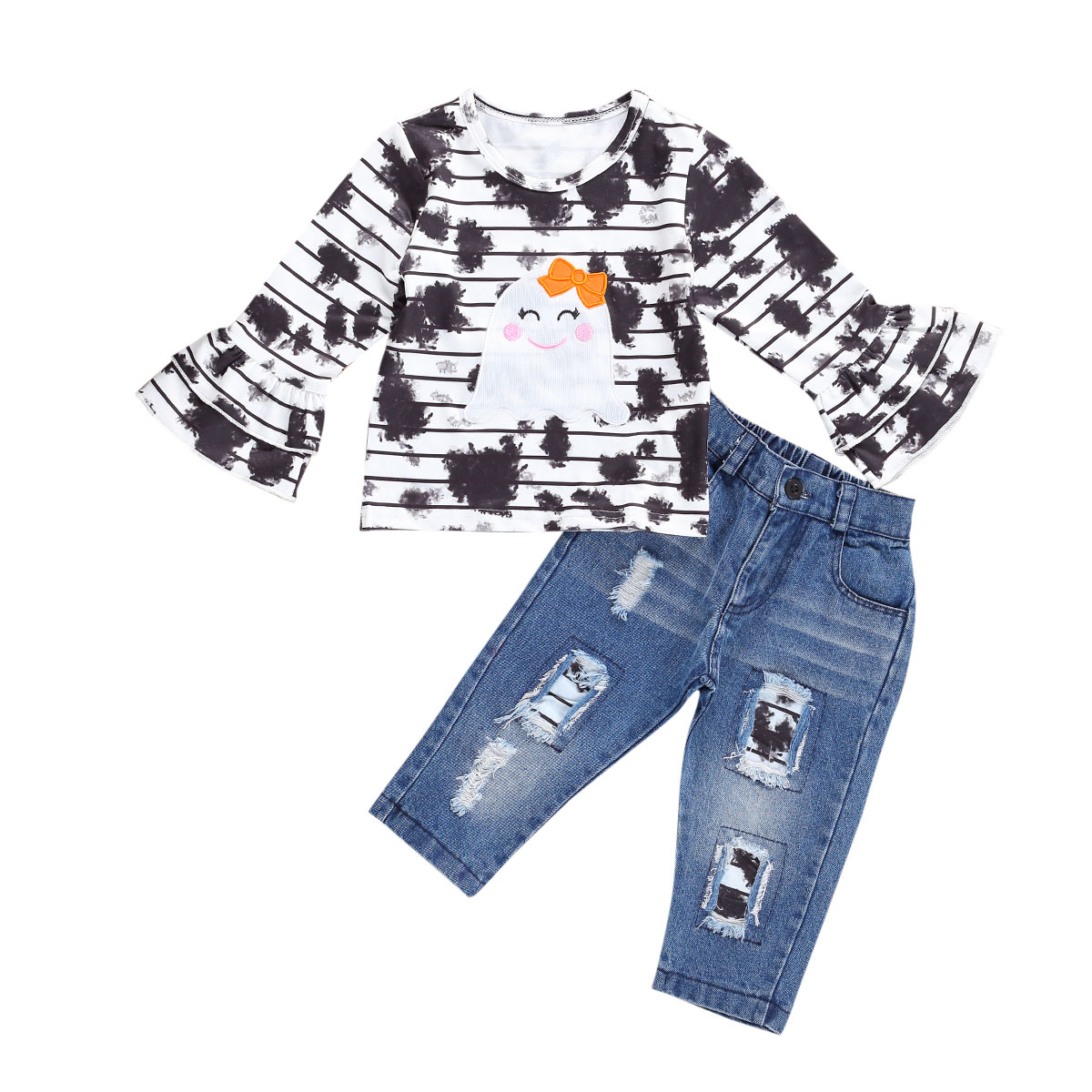 Spädbarn barn baby flicka halloween kläder set långärmade byxor kostym rand blommande tie dye t-shirt elastiska slitna jeans